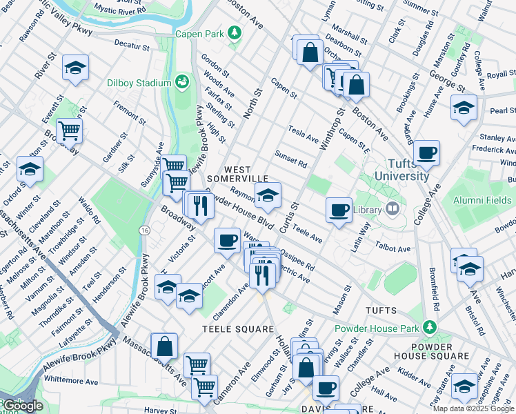 map of restaurants, bars, coffee shops, grocery stores, and more near 183 Powder House Boulevard in Somerville