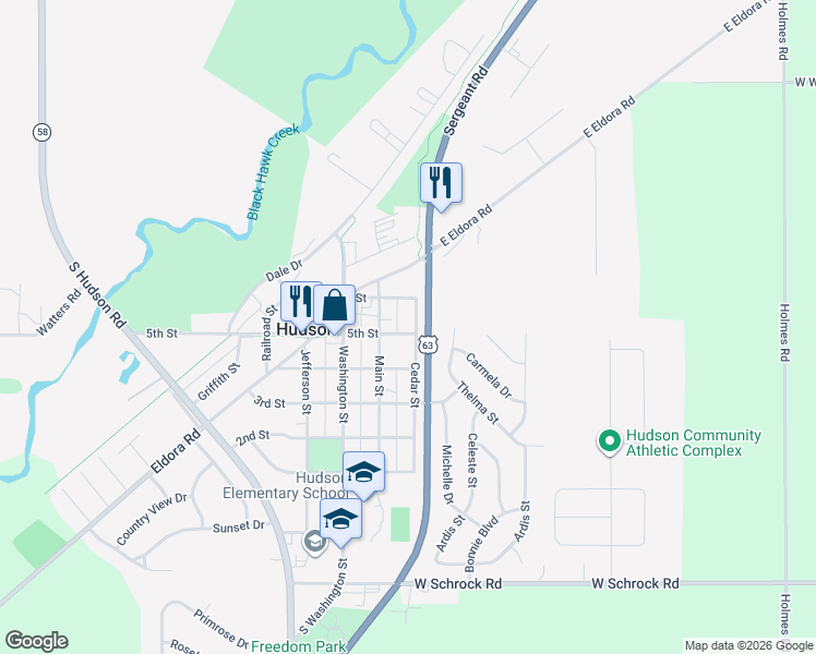 map of restaurants, bars, coffee shops, grocery stores, and more near 401-499 Cedar St in Hudson