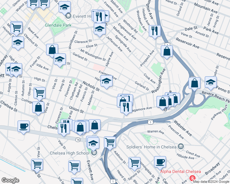 map of restaurants, bars, coffee shops, grocery stores, and more near 53 Nichols Street in Chelsea