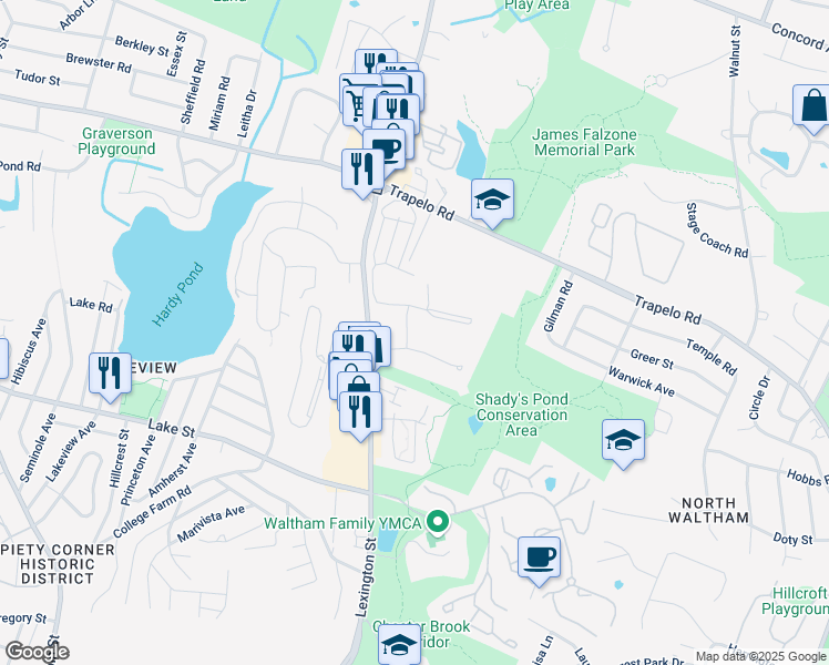 map of restaurants, bars, coffee shops, grocery stores, and more near 9 Jacqueline Road in Waltham
