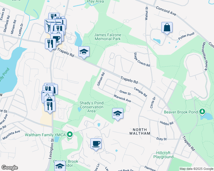 map of restaurants, bars, coffee shops, grocery stores, and more near 9 Greer St in Waltham