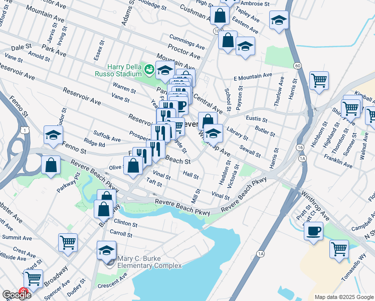 map of restaurants, bars, coffee shops, grocery stores, and more near 25 Hyde Street in Revere