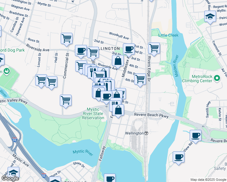 map of restaurants, bars, coffee shops, grocery stores, and more near 629 Wellington Road in Medford