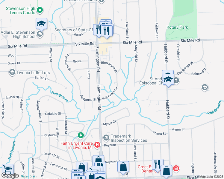 map of restaurants, bars, coffee shops, grocery stores, and more near 16432 Bell Creek Lane in Livonia