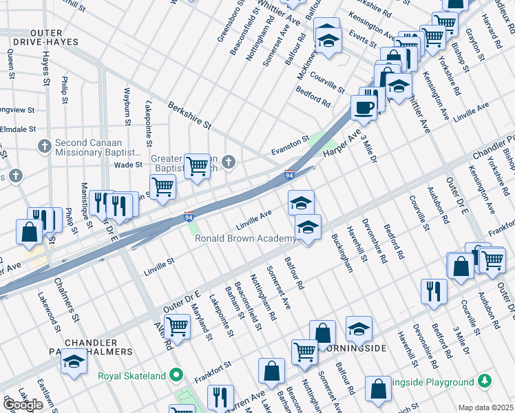 map of restaurants, bars, coffee shops, grocery stores, and more near 5921 Balfour Road in Detroit