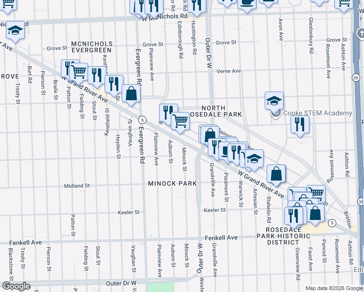map of restaurants, bars, coffee shops, grocery stores, and more near 19505 Grand River Avenue in Detroit