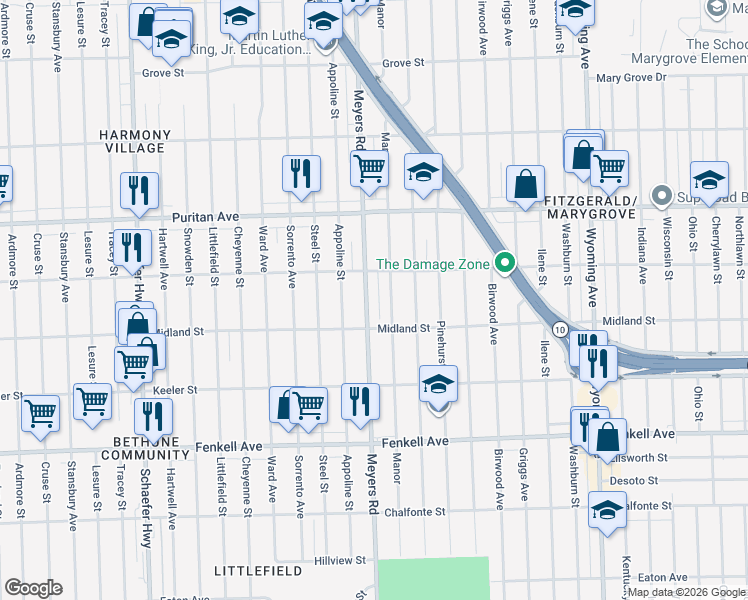map of restaurants, bars, coffee shops, grocery stores, and more near 15751 Manor in Detroit