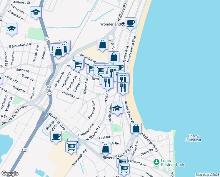 map of restaurants, bars, coffee shops, grocery stores, and more near 101 Centennial Avenue in Revere