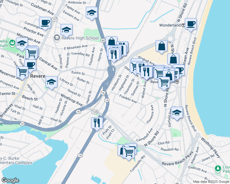 map of restaurants, bars, coffee shops, grocery stores, and more near 2 Summit Avenue in Revere