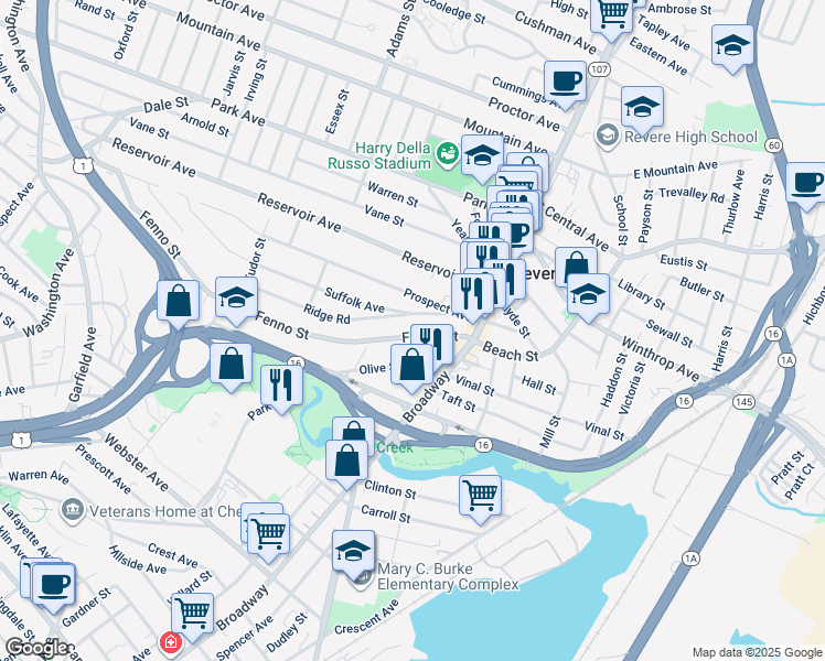 map of restaurants, bars, coffee shops, grocery stores, and more near 80 Fenno Street in Revere