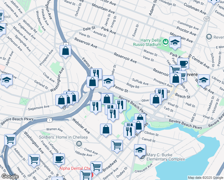map of restaurants, bars, coffee shops, grocery stores, and more near 1085 Revere Beach Parkway in Revere