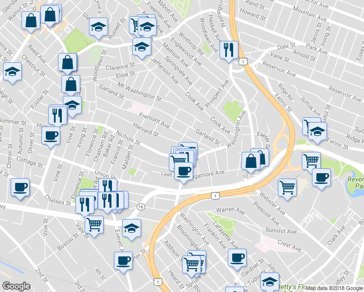 map of restaurants, bars, coffee shops, grocery stores, and more near 20 Eustis Street in Chelsea