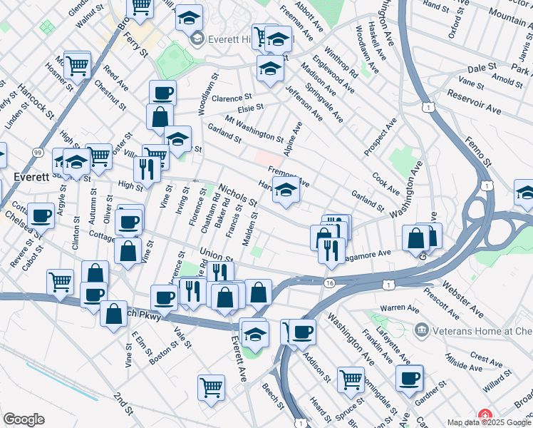 map of restaurants, bars, coffee shops, grocery stores, and more near 113 Malden Street in Everett