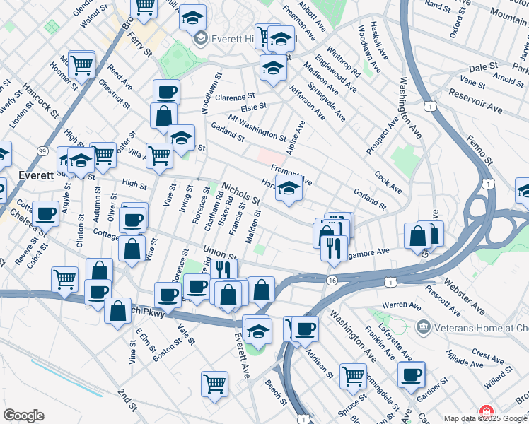 map of restaurants, bars, coffee shops, grocery stores, and more near 113 Malden Street in Everett