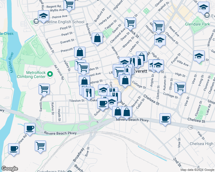 map of restaurants, bars, coffee shops, grocery stores, and more near 38 Corey Street in Everett