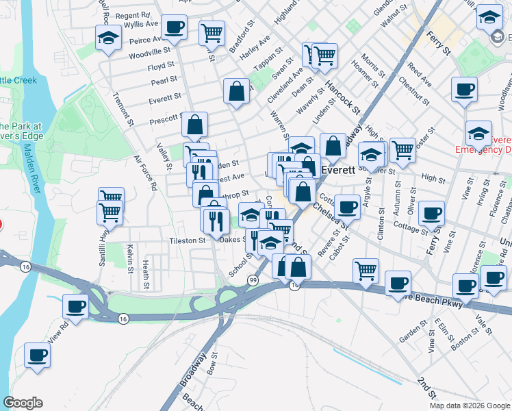 map of restaurants, bars, coffee shops, grocery stores, and more near 22 Hatch Street in Everett