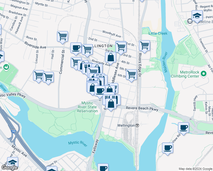 map of restaurants, bars, coffee shops, grocery stores, and more near 629 Wellington Road in Medford