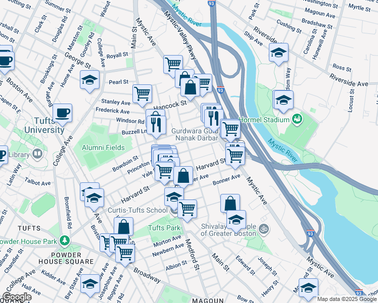 map of restaurants, bars, coffee shops, grocery stores, and more near 107 Willis Avenue in Medford