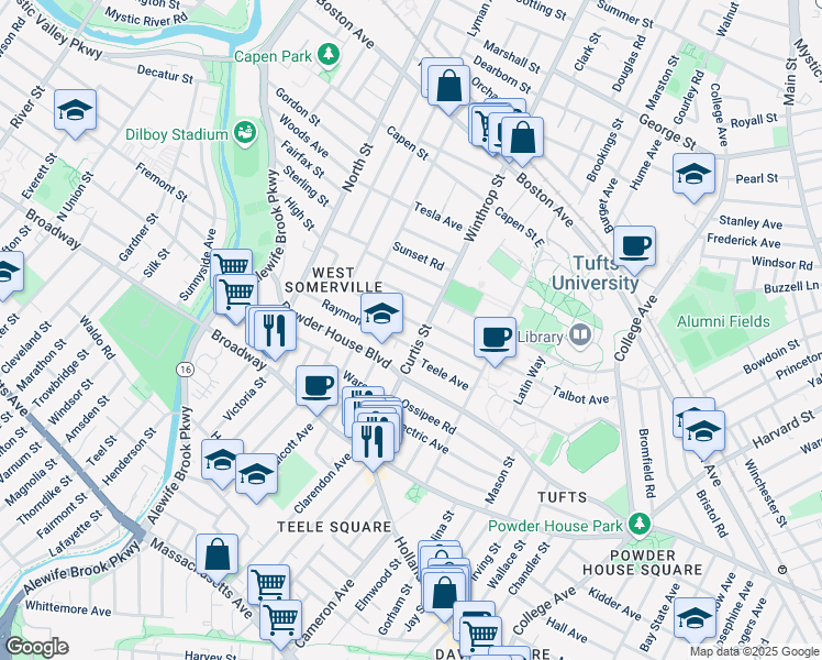 map of restaurants, bars, coffee shops, grocery stores, and more near 92 Curtis Street in Somerville
