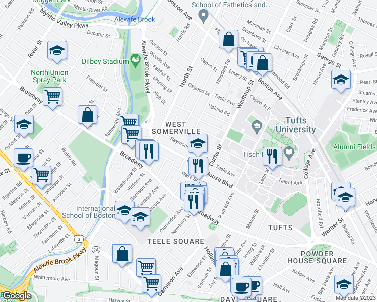 map of restaurants, bars, coffee shops, grocery stores, and more near 183 Powder House Boulevard in Somerville