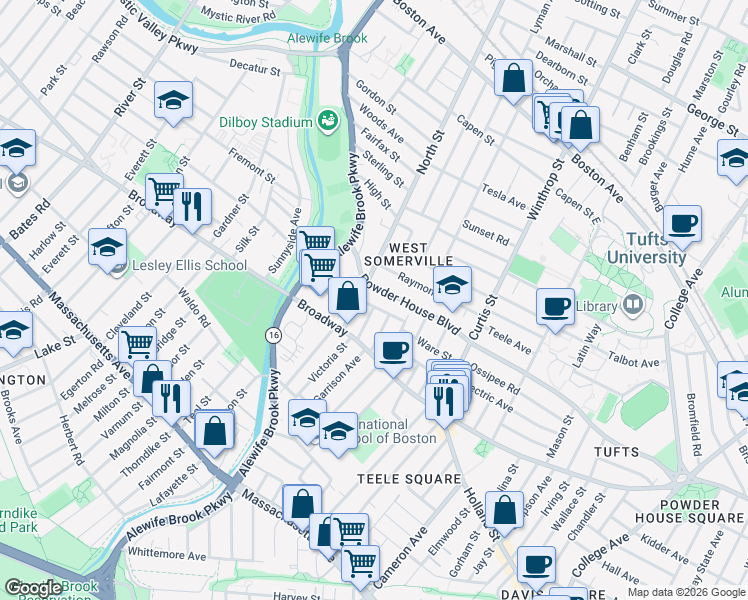 map of restaurants, bars, coffee shops, grocery stores, and more near 35 Barton Street in Somerville