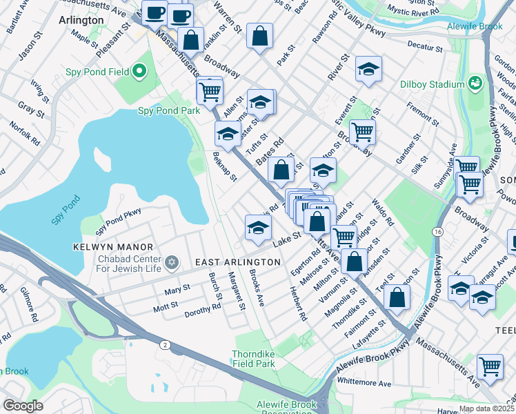 map of restaurants, bars, coffee shops, grocery stores, and more near 29 Orvis Road in Arlington