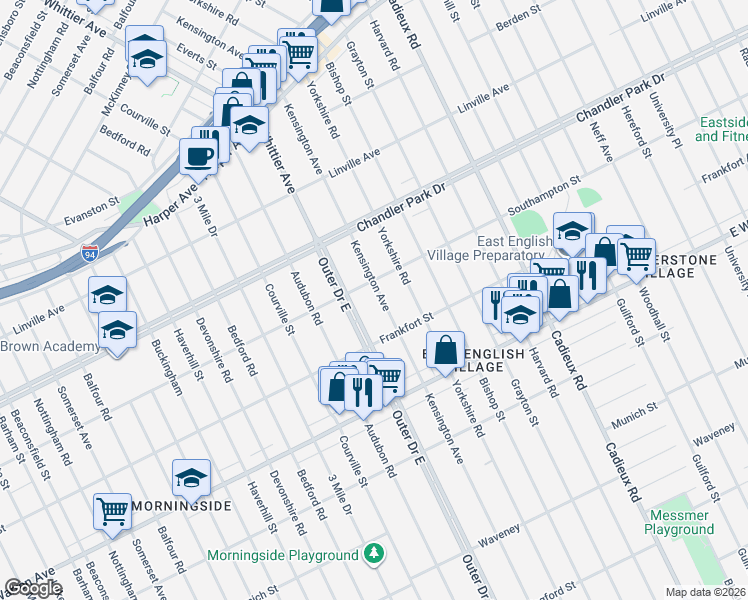 map of restaurants, bars, coffee shops, grocery stores, and more near 12177 Outer Drive East in Detroit