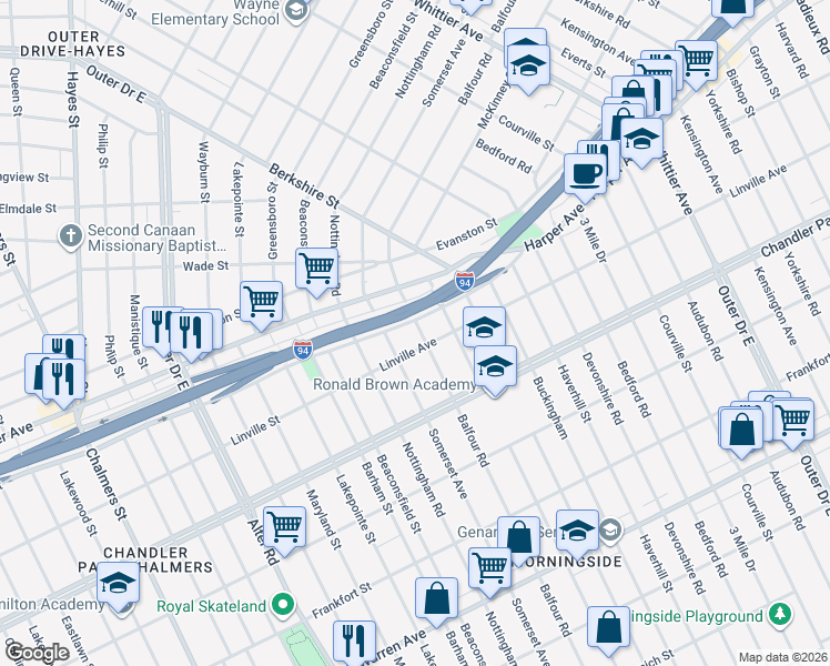 map of restaurants, bars, coffee shops, grocery stores, and more near 5913 Balfour Road in Detroit