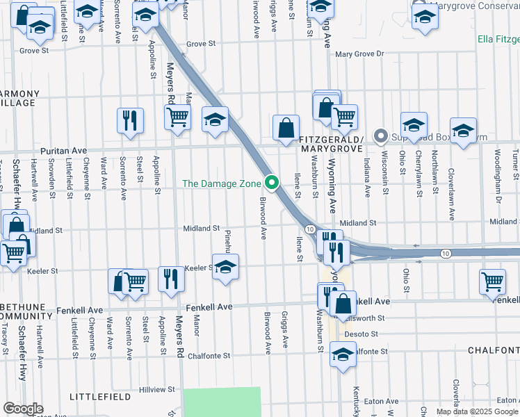 map of restaurants, bars, coffee shops, grocery stores, and more near 15731 Birwood Street in Detroit