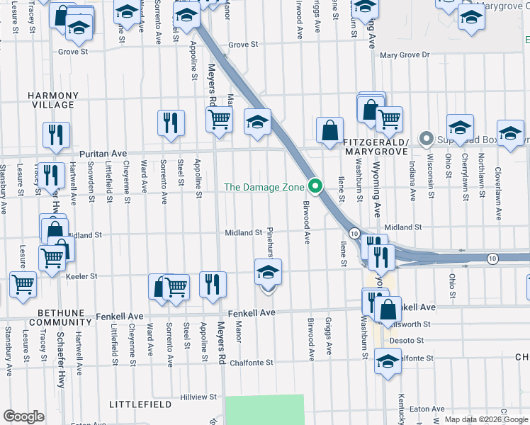 map of restaurants, bars, coffee shops, grocery stores, and more near 15738 Pinehurst Street in Detroit