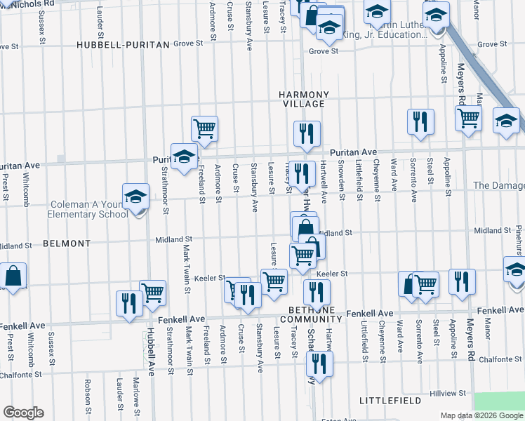 map of restaurants, bars, coffee shops, grocery stores, and more near 15747 Stansbury Avenue in Detroit