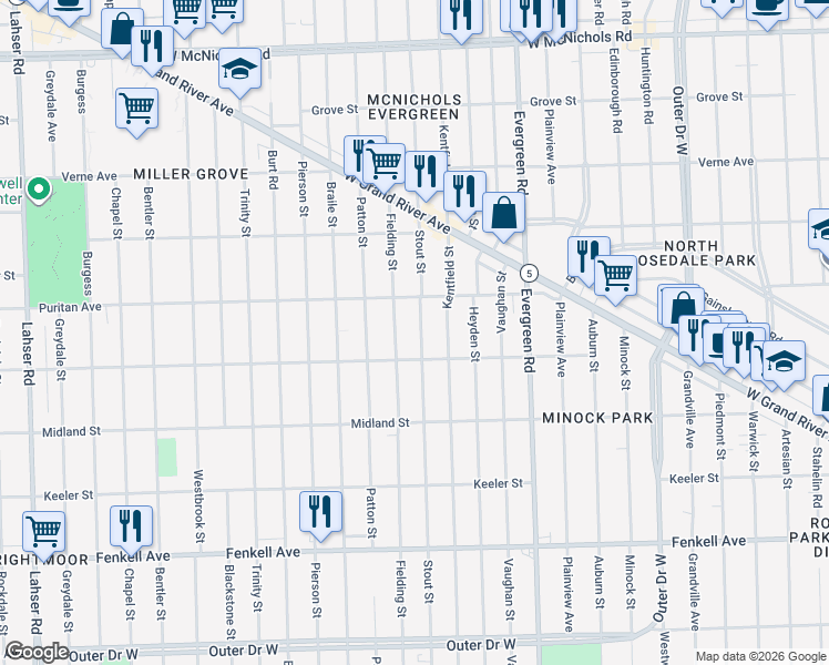map of restaurants, bars, coffee shops, grocery stores, and more near 15834 Fielding Street in Detroit