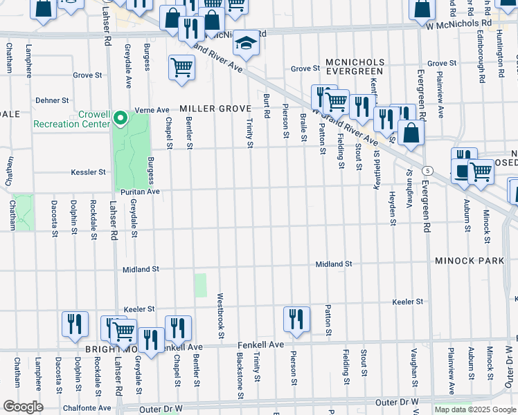 map of restaurants, bars, coffee shops, grocery stores, and more near 15835 Trinity Street in Detroit