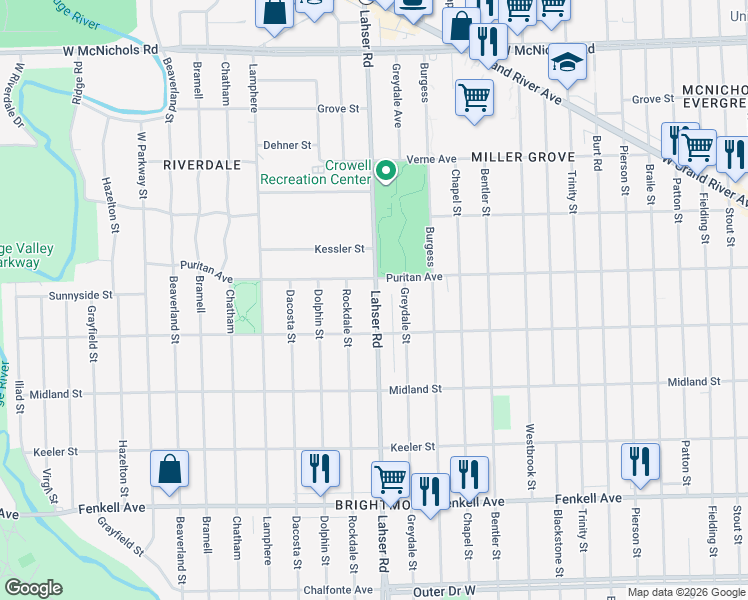 map of restaurants, bars, coffee shops, grocery stores, and more near 15853 Lahser Road in Detroit