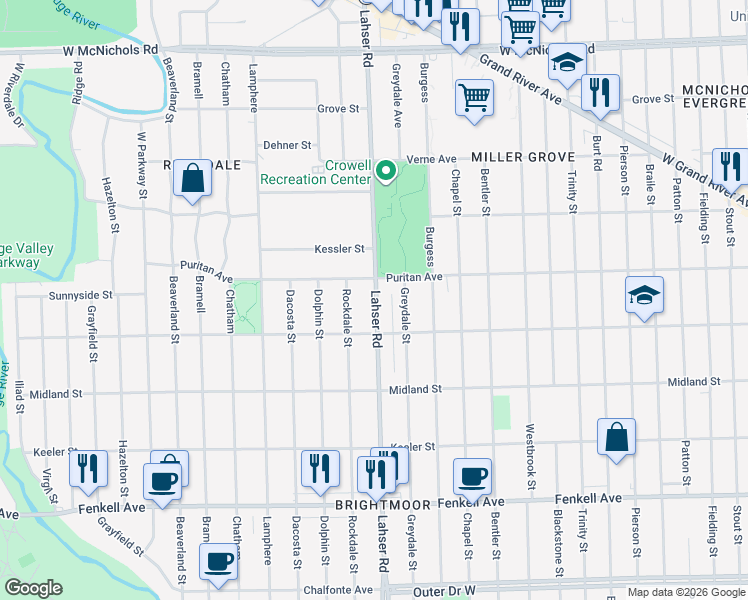 map of restaurants, bars, coffee shops, grocery stores, and more near 15853 Lahser Road in Detroit