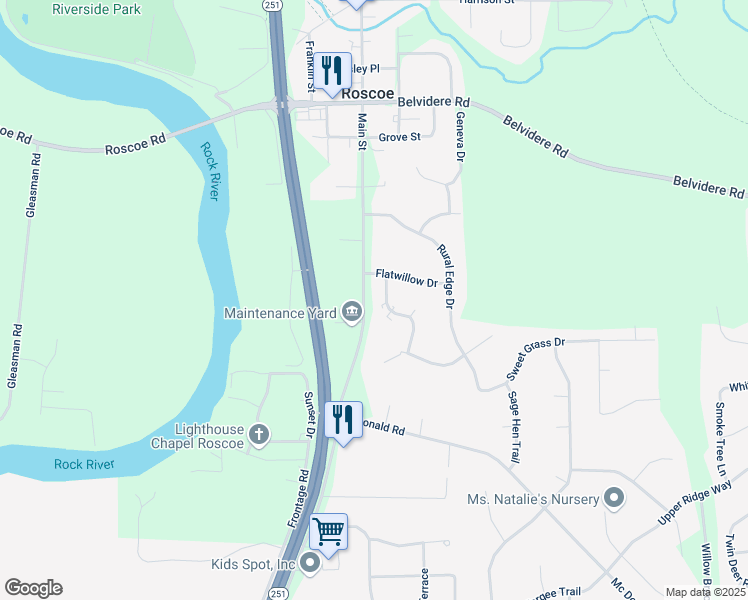 map of restaurants, bars, coffee shops, grocery stores, and more near 10012 Bitterroot Road in Roscoe