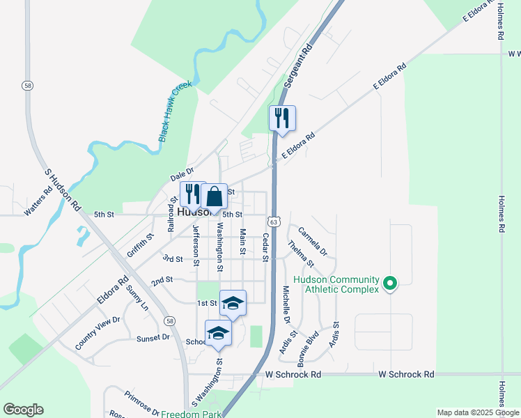 map of restaurants, bars, coffee shops, grocery stores, and more near 401-499 Cedar St in Hudson