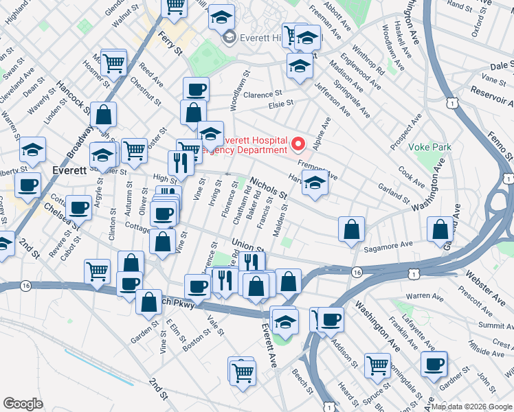 map of restaurants, bars, coffee shops, grocery stores, and more near 55 Baker Road in Everett