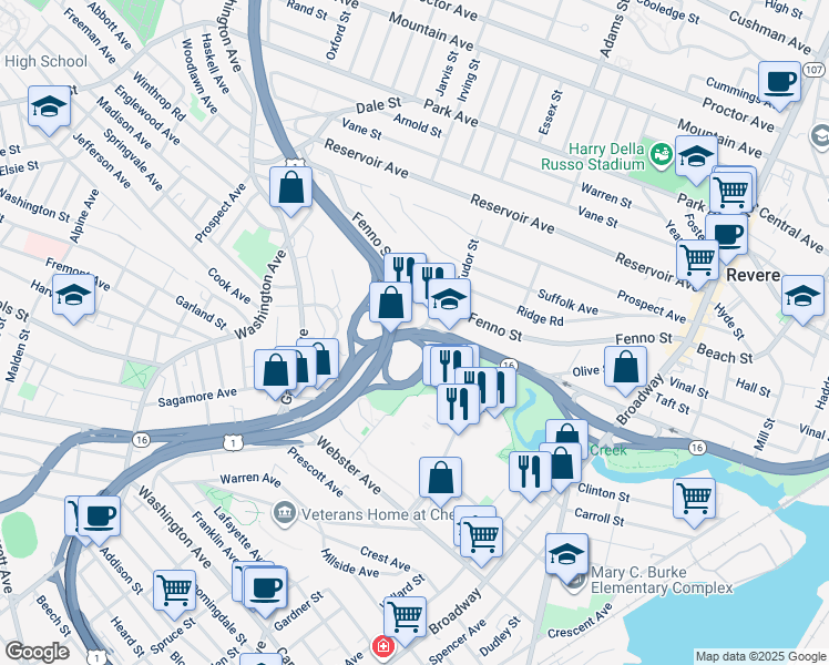 map of restaurants, bars, coffee shops, grocery stores, and more near 2 Borden Street in Revere