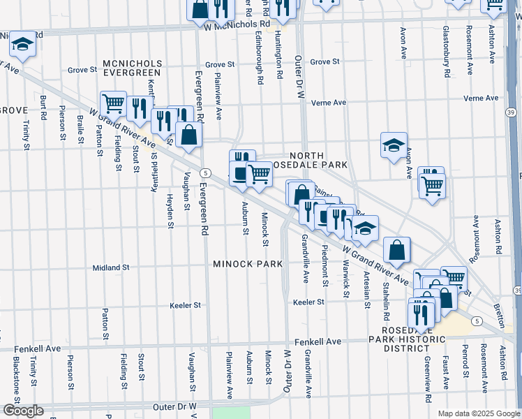 map of restaurants, bars, coffee shops, grocery stores, and more near in Detroit