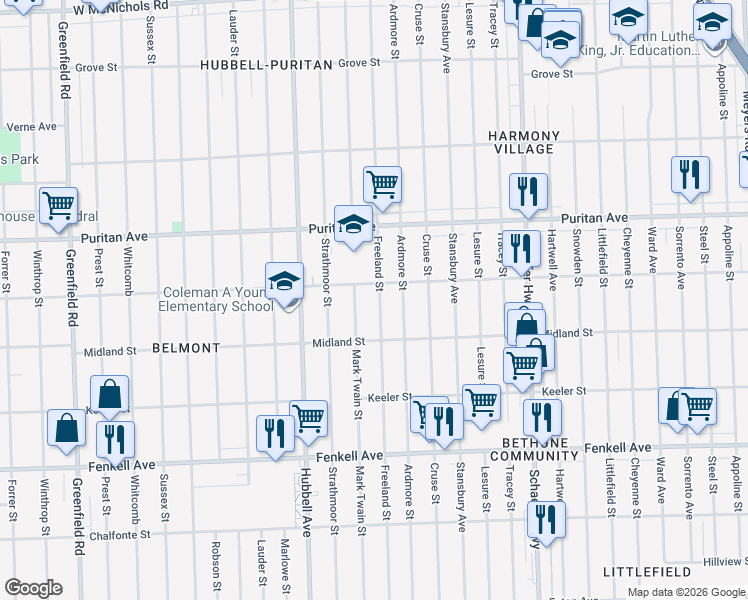 map of restaurants, bars, coffee shops, grocery stores, and more near 15752 Freeland Street in Detroit