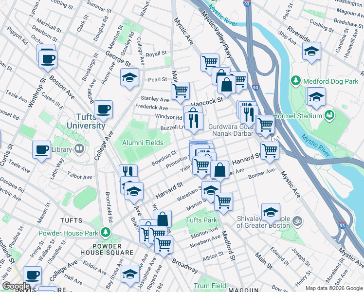 map of restaurants, bars, coffee shops, grocery stores, and more near 23 Bowdoin Street in Medford