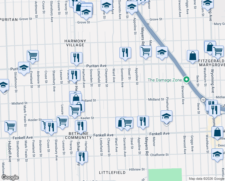 map of restaurants, bars, coffee shops, grocery stores, and more near 15744 Ward Avenue in Detroit