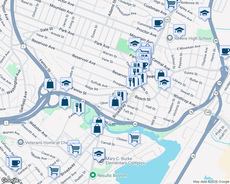 map of restaurants, bars, coffee shops, grocery stores, and more near 80 Fenno Street in Revere
