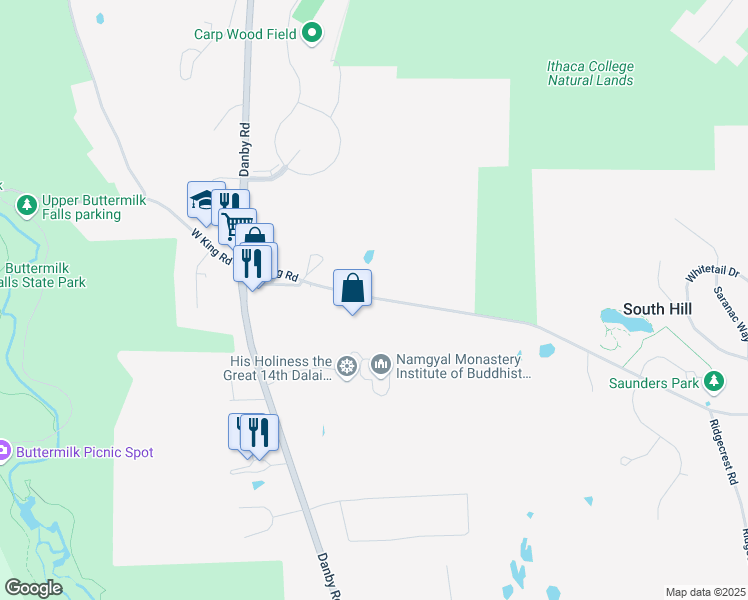 map of restaurants, bars, coffee shops, grocery stores, and more near 123 East King Road in Ithaca