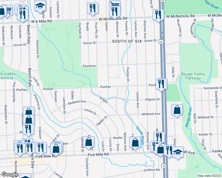 map of restaurants, bars, coffee shops, grocery stores, and more near 24677 Puritan in Redford Charter Township