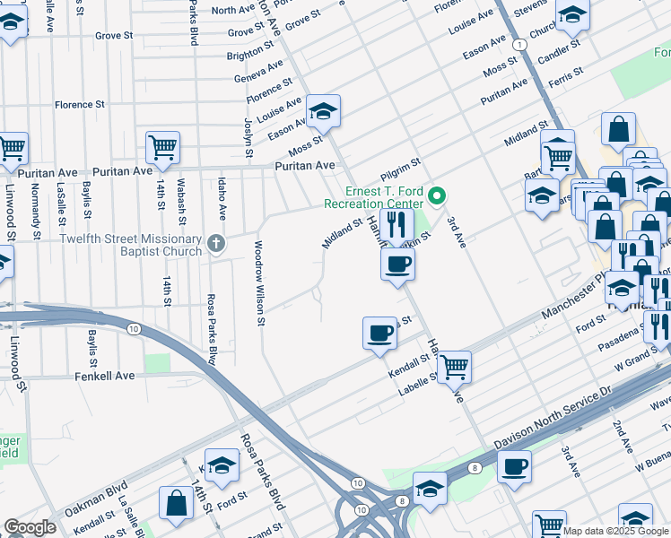 map of restaurants, bars, coffee shops, grocery stores, and more near 369 Midland Street in Highland Park