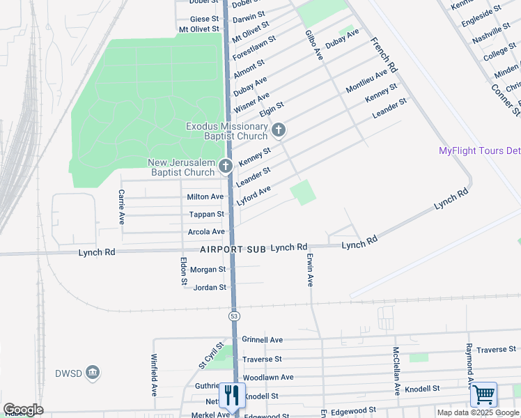 map of restaurants, bars, coffee shops, grocery stores, and more near 8061 Molena Street in Detroit