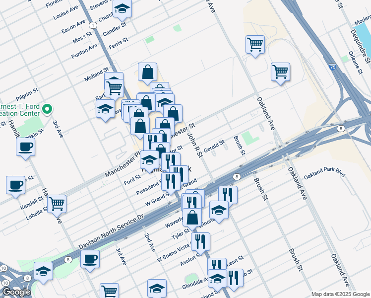 map of restaurants, bars, coffee shops, grocery stores, and more near 40 Victor Street in Highland Park