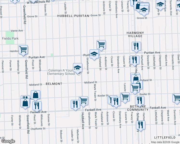 map of restaurants, bars, coffee shops, grocery stores, and more near 15743 Mark Twain Street in Detroit